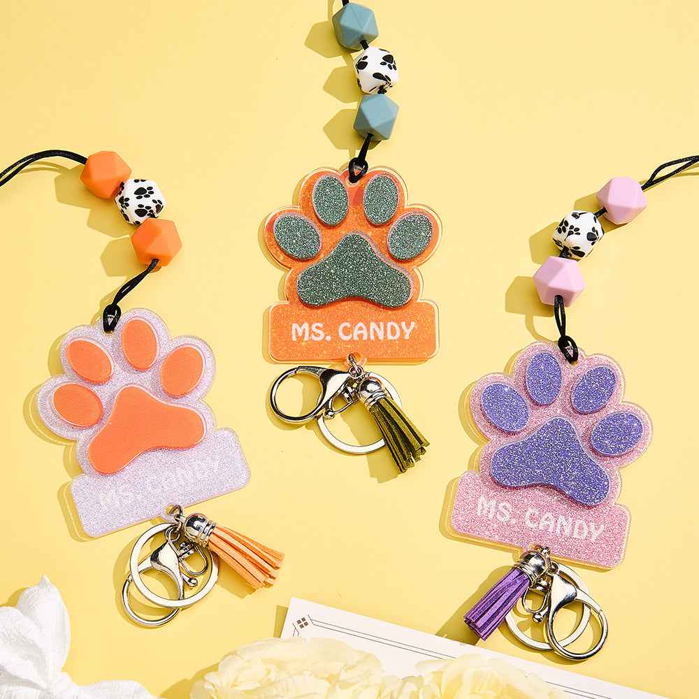 Personalized Glitter Paw ID Badge Lanyard with Text Beads Tassels Badge Lanyard Gift for Teacher Pet Lover