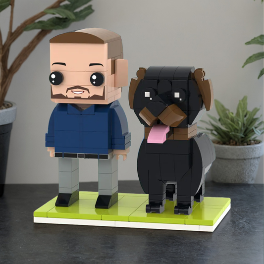Personalised full-body brick figure with dog — customisable small-particle block toy capturing hairstyle, expression, clothing and a simple pose