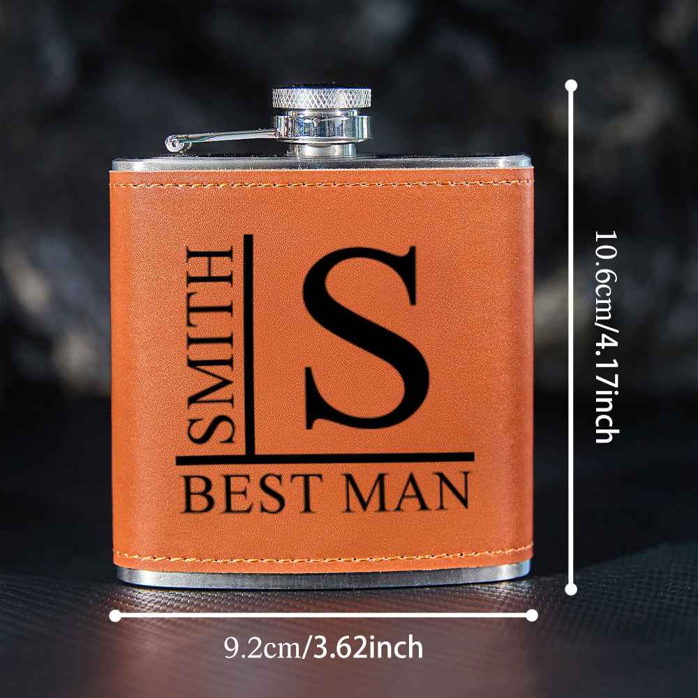 Personalized Name PU Leather Flask Stainless Steel 6oz Whiskey Flask Gift for Men