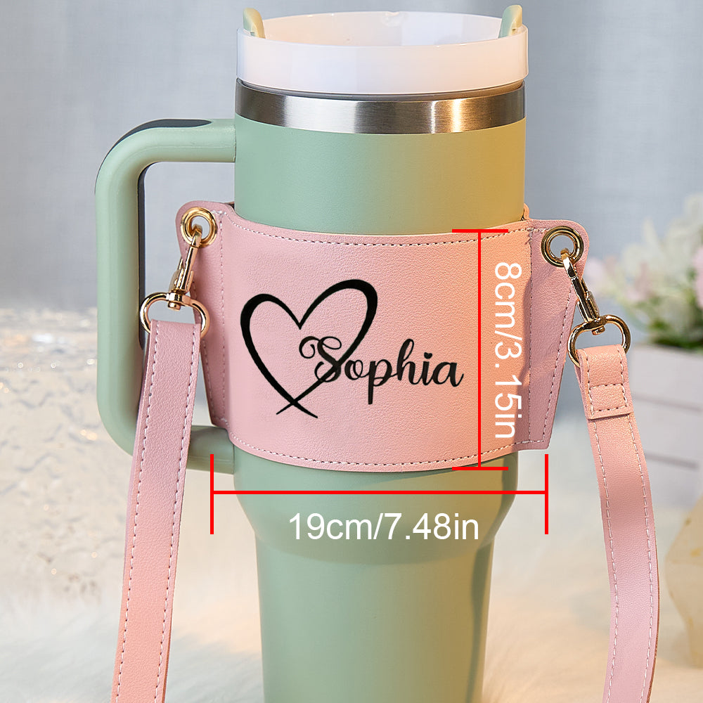 Neutral-design personalised PU leather carrier styled with everyday outfit — practical, chic 40oz Stanley tumbler holder for daily use