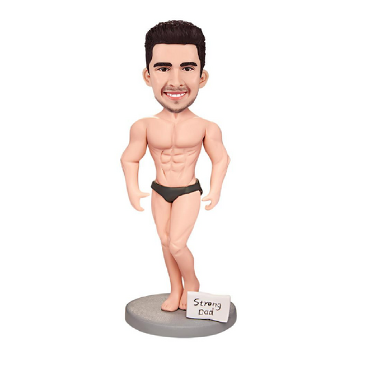 Personalised Muscle Daddy custom bobblehead with engraved text on base — personalised polymer clay figurine with customised head likeness, perfect personalised bobblehead gift for Australia & UK