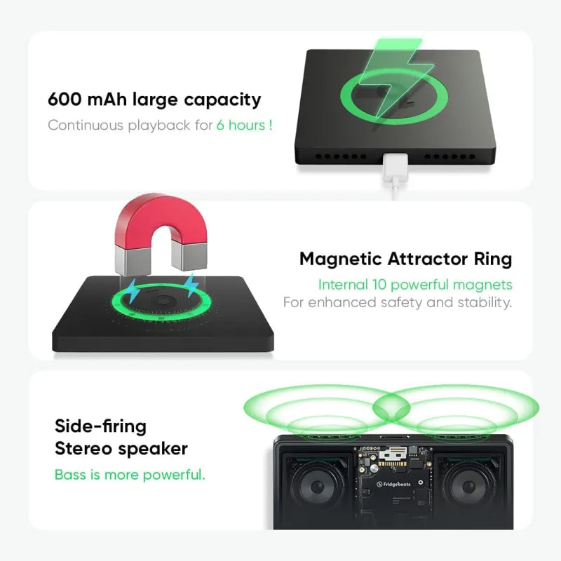 USB charging demonstration for FridgeBeats music magnet — 30‑minute charge for 4–6 hours playtime, ideal personalised MP3 fridge magnet