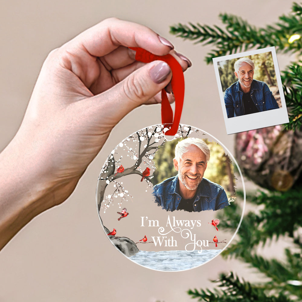 Personalised memorial photo Christmas ornament on clear acrylic, 3.5in (8.9cm) personalised photo keepsake for tree or mantel