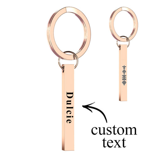 Personalised 3D stainless steel bar keychain engraved with a scannable Spotify music code and custom text — black finish