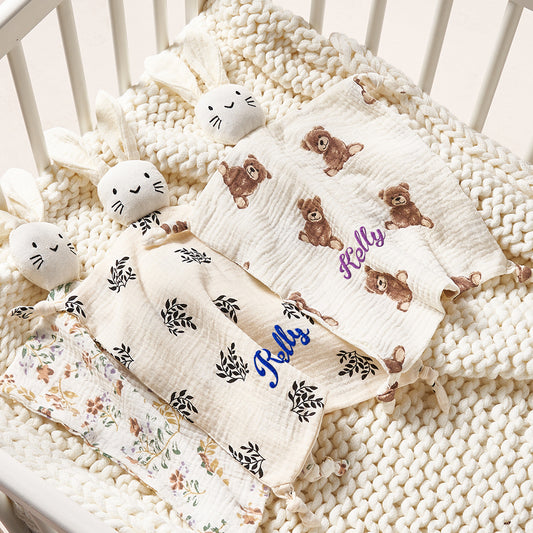 Personalised embroidered baby comforter in 100% soft cotton with name embroidery, 30cm square