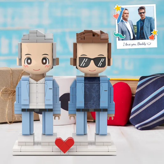 Full‑body personalised two‑person Duddu brick figures — grey‑haired ‘Old Daddy & Me’ pair on plain background, custom brick figures ideal Father’s Day keepsake