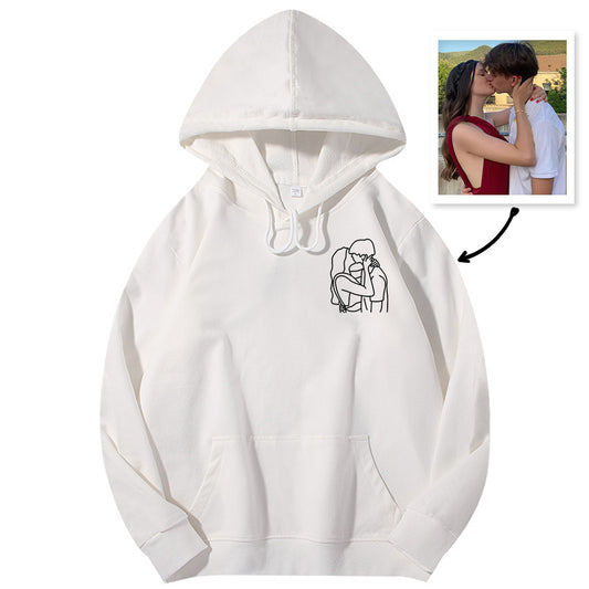 Front view of personalised embroidered hoodie with custom photo and text on mid-weight 250g cotton-spandex and cosy brushed inner lining