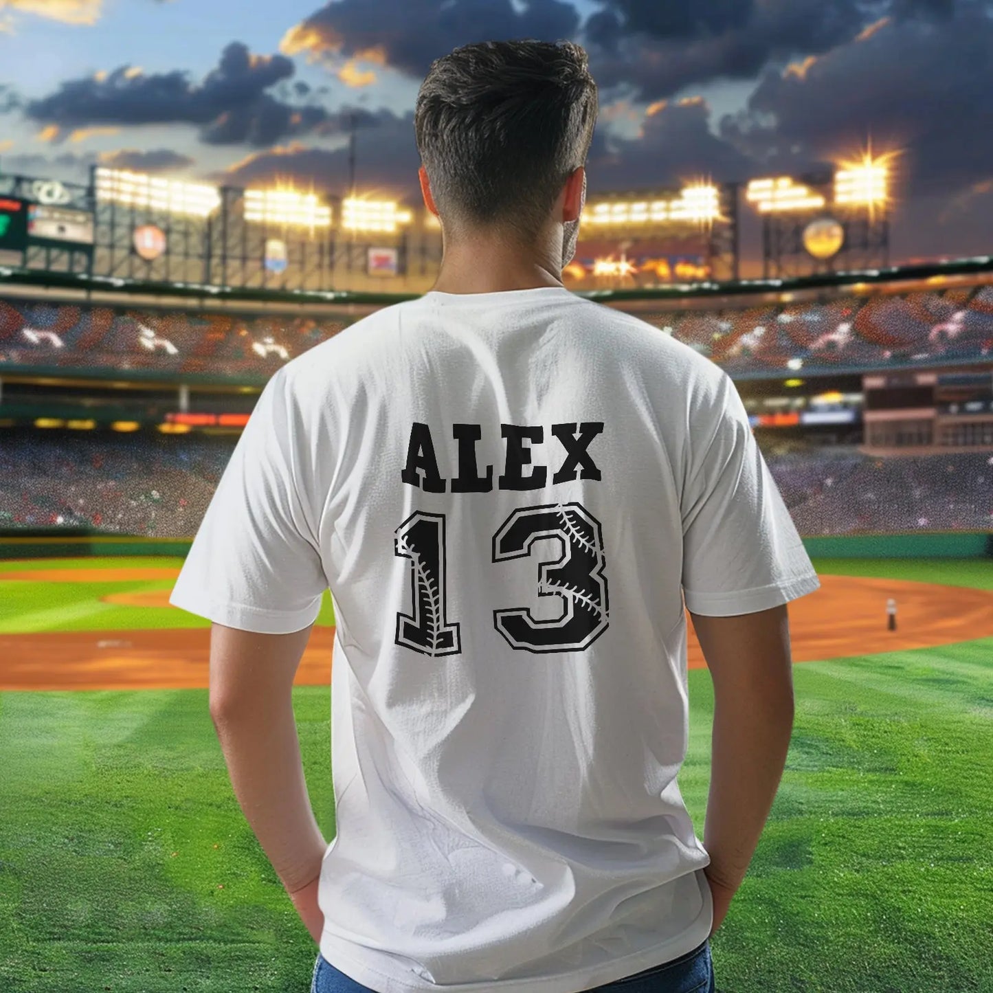 Close-up of printed name and number on personalised sports T-shirt for durability