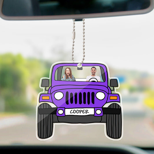 Front view of a personalised off-road car hanging ornament printed with two photos on premium acrylic, featuring a copper hanging chain.