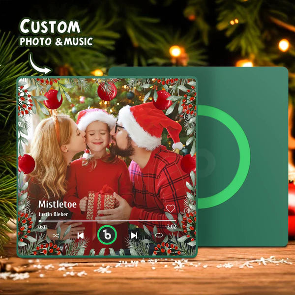 Rechargeable personalised music fridge magnet on display — 30‑minute charge gives 4–6 hours playback, MP3 compatible