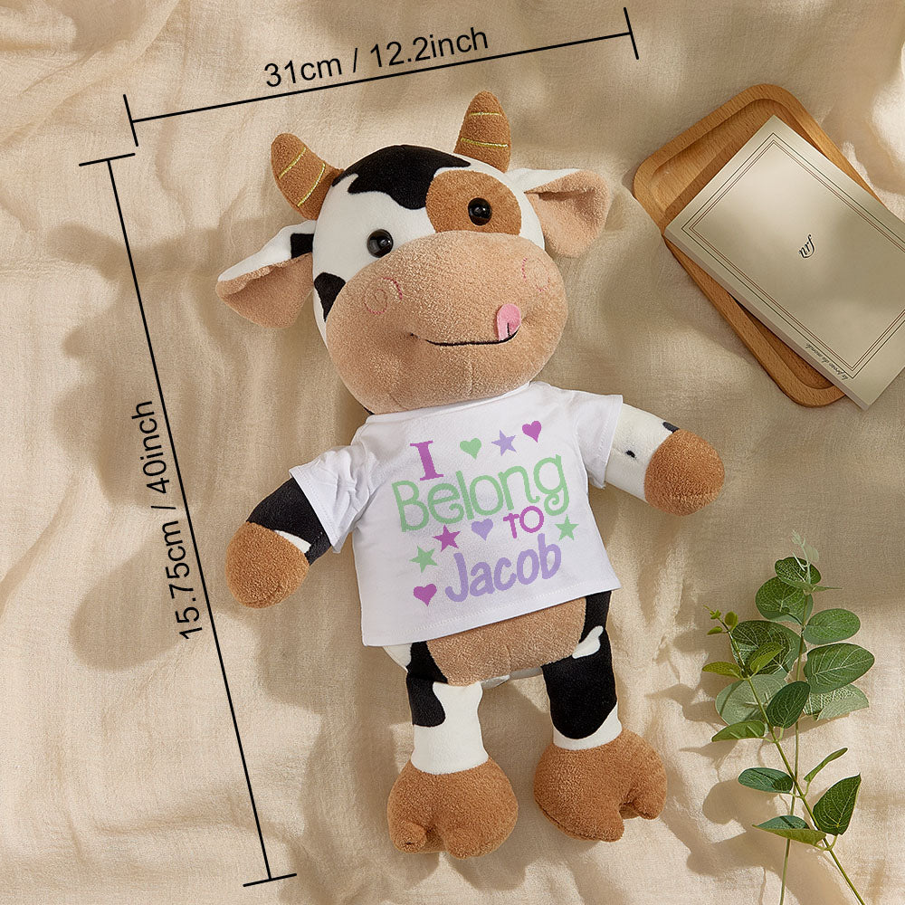 Customisable head detail of personalised cow plush toy showing chosen expression and ear bow accessory — personalised baby name toy with soft PP filling