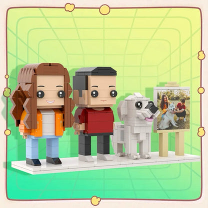 Framed personalised full-body brick-figure portrait of two people and a cute dog – handmade eco-friendly ABS keepsake for anniversaries and birthdays