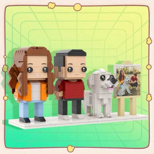 Framed personalised full-body brick-figure portrait of two people and a cute dog – handmade eco-friendly ABS keepsake for anniversaries and birthdays