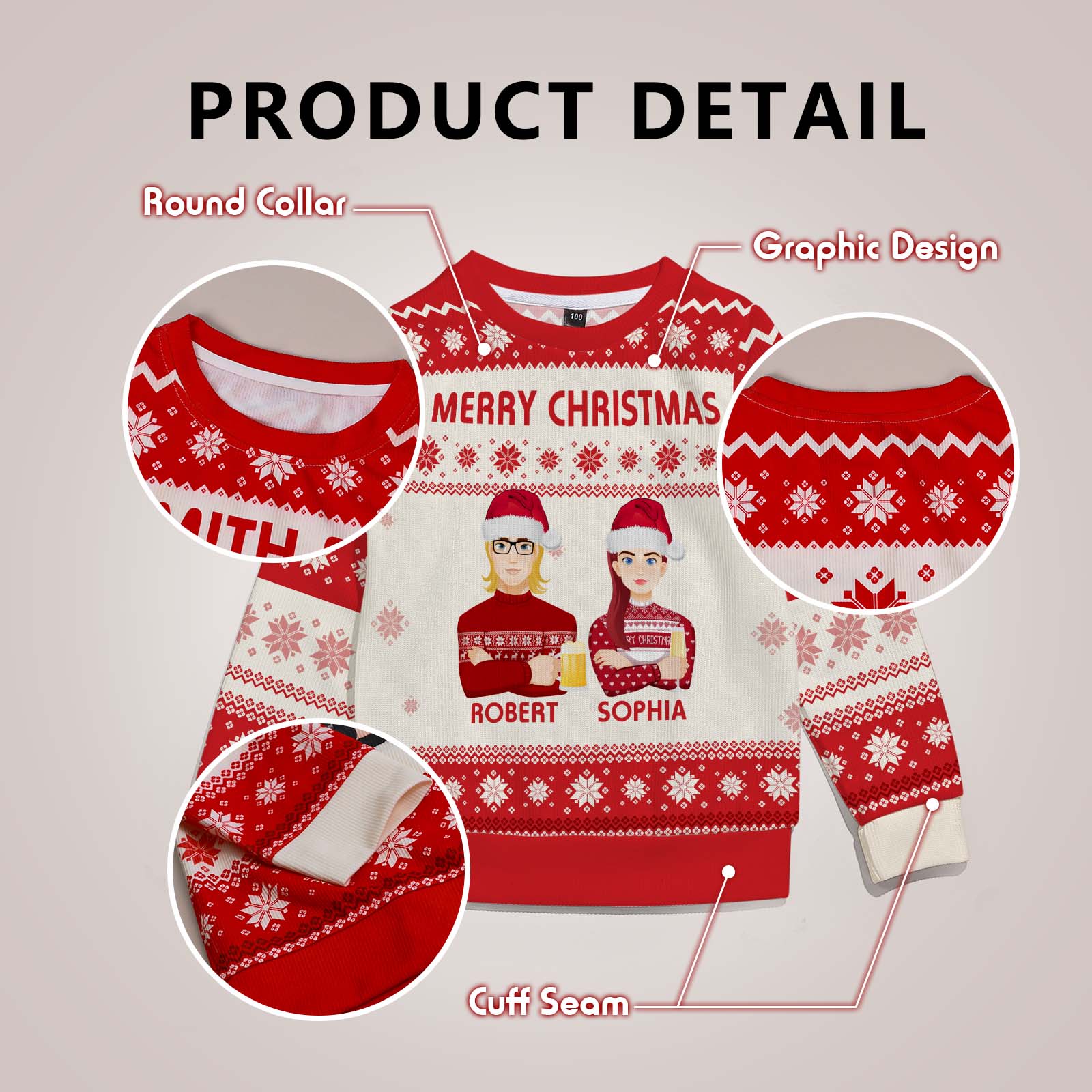 Angled view of personalised kids Christmas cartoon jumper showing playful festive design and comfortable unisex fit