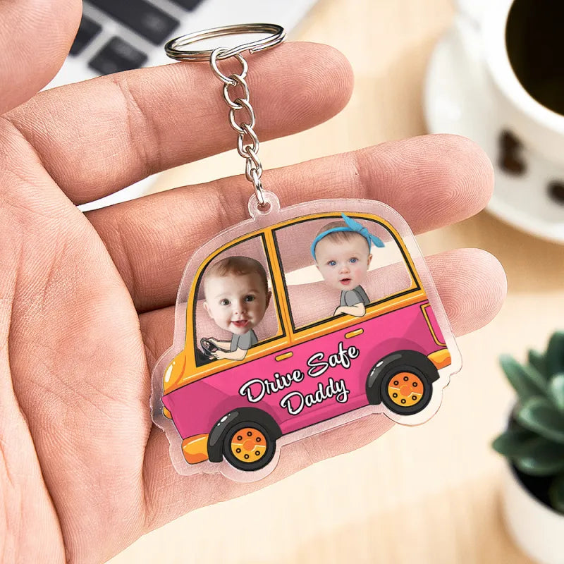 Personalised Drive Safe acrylic keyring — Style D two-kids design, compact custom car keychain ideal for Dad