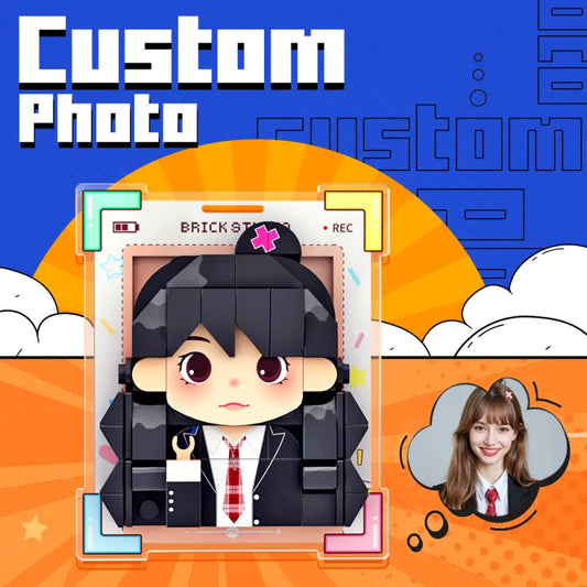 Personalised brick figure fridge magnet — custom acrylic photo sticker with white base, ideal personalised photo gift for couples