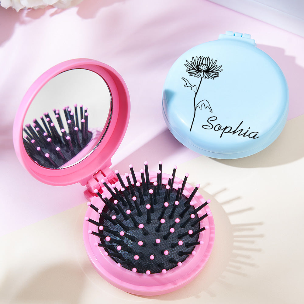 Personalised Foldable Mirror with Hair Brushes | Mini Birth Flower Cushion Mirror Comb Gift