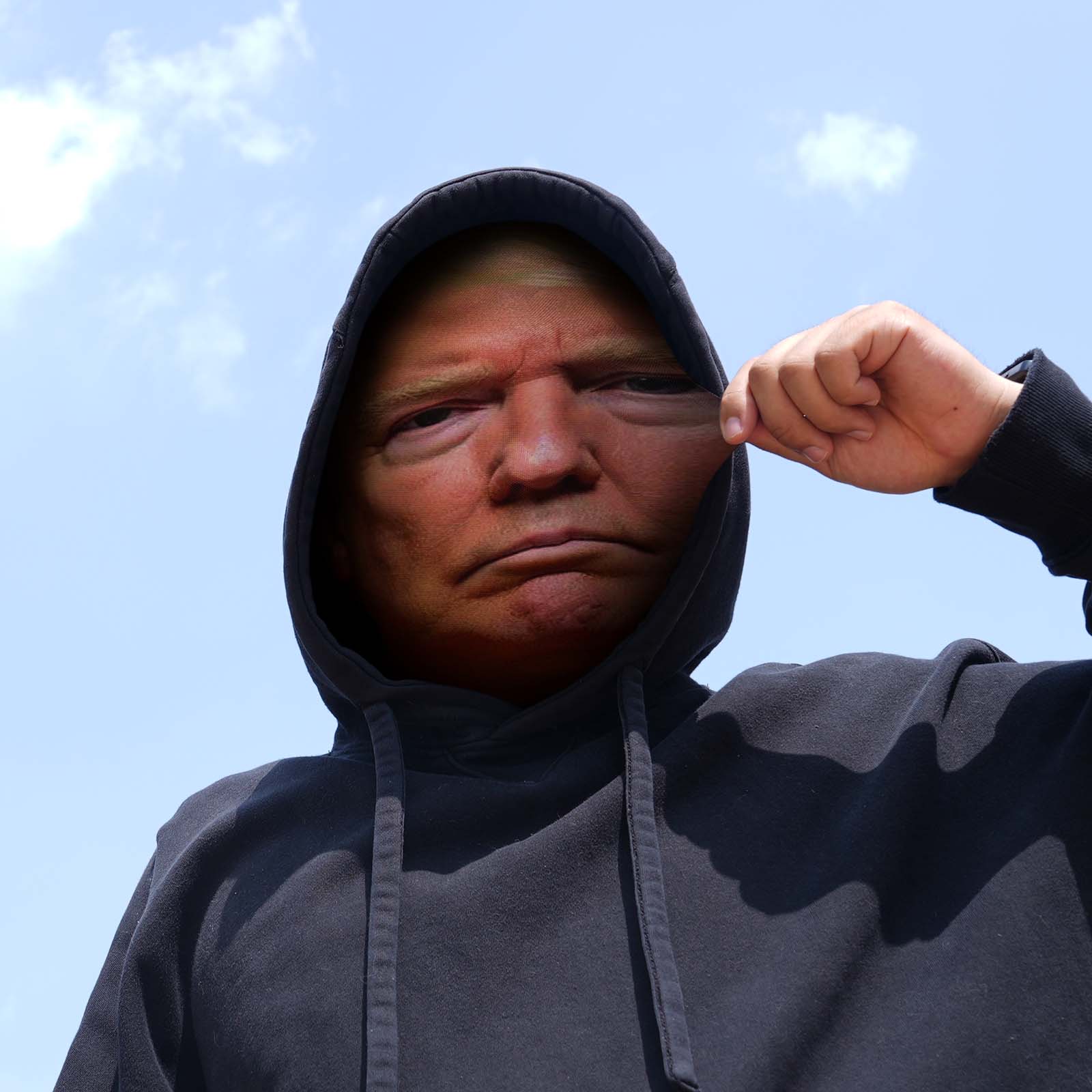 Model wearing personalised Trump 3D spoof mask at a party, realistic and funny cosplay accessory ideal as a personalised gift