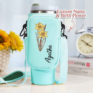 Personalized Birth Flower Waterproof Bottle Carrier Bag with Removable Pouch for 40oz Stanley Tumbler Gift for Women