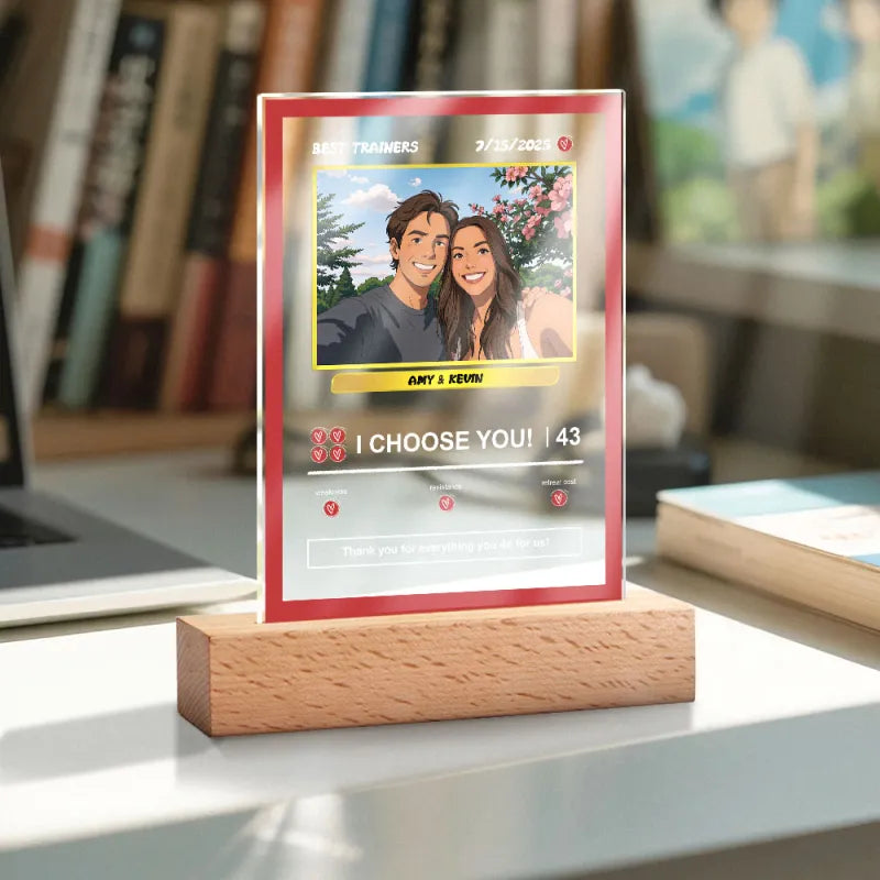 Personalised Photo Gifts – Custom acrylic lamp with your photo and text on a poke-card night light, featuring a natural wood base.