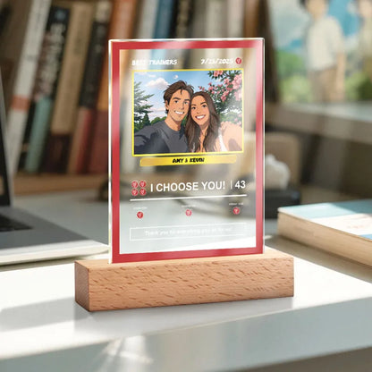 Personalised Photo Gifts – Custom acrylic lamp with your photo and text on a poke-card night light, featuring a natural wood base.