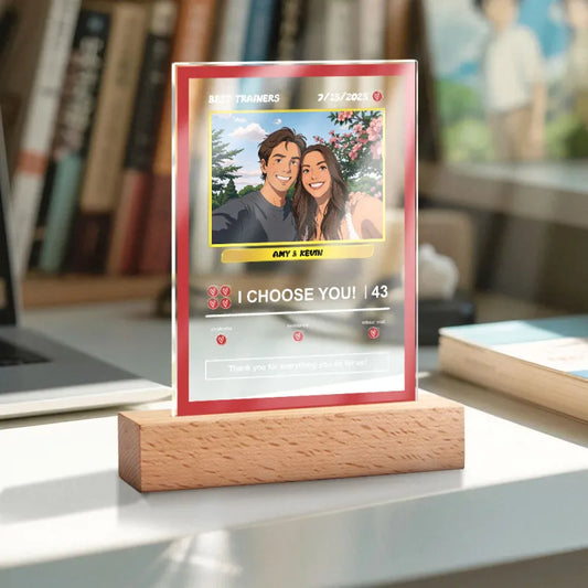 Personalised Photo Gifts – Custom acrylic lamp with your photo and text on a poke-card night light, featuring a natural wood base.
