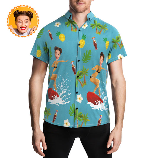 Custom photo Hawaiian shirt front view — personalised surfing beach shirt, short-sleeve button-front design with vivid heat-transfer print for summer holiday and parties