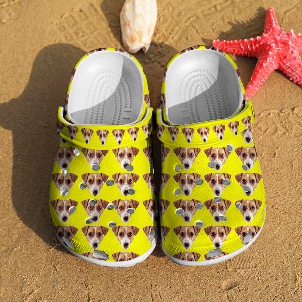 Close-up of adjustable strap and printed custom name on personalised pet face clogs — secure fit and clear personalisation on rubber slippers