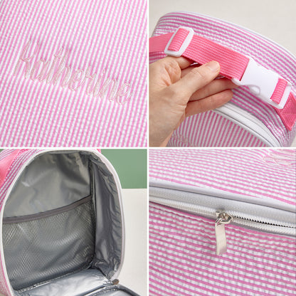 Top view showing zippered closure and sturdy handle on personalised seersucker lunch bag for easy carrying to school