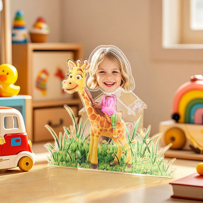 Pair of personalised shaking head standees on a desk — bespoke acrylic photo gifts for siblings or friends