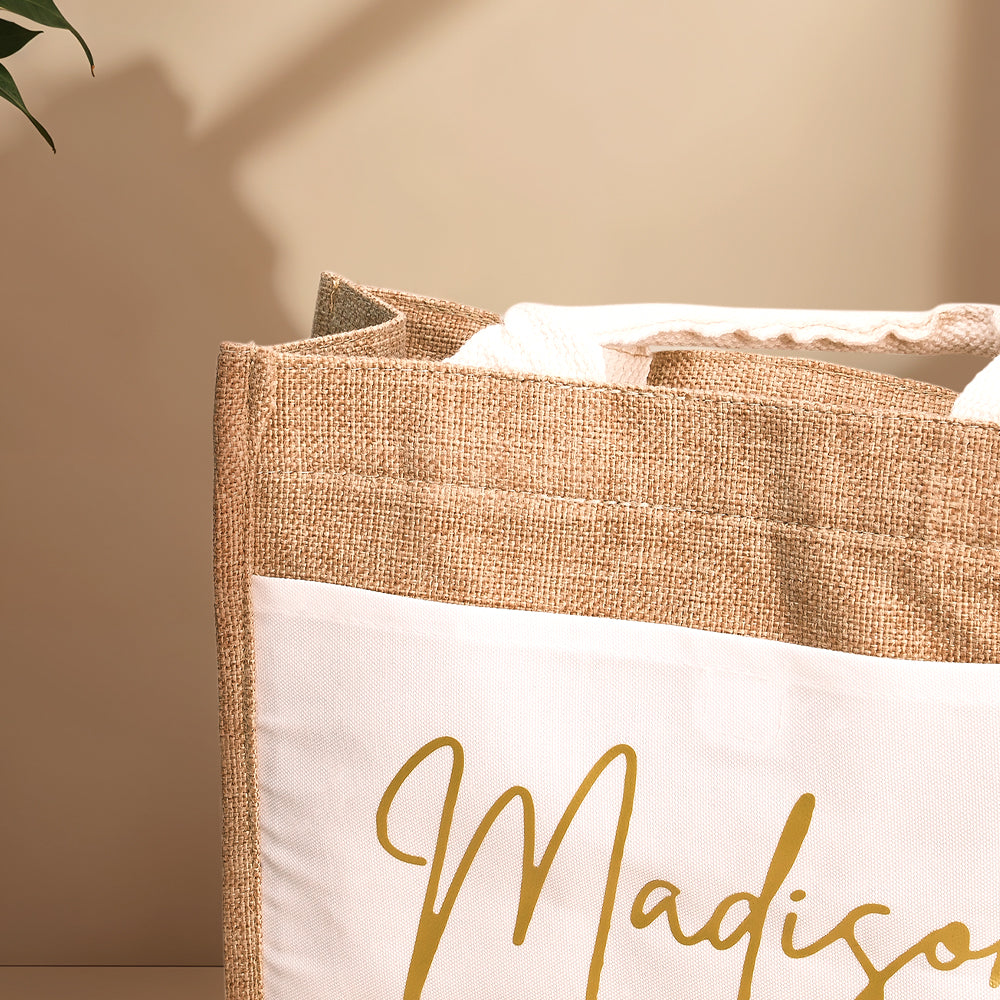 Set of personalised jute tote bags presented as bridal party gifts — wedding favours and bridesmaid presents