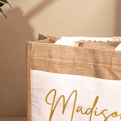 Set of personalised jute tote bags presented as bridal party gifts — wedding favours and bridesmaid presents