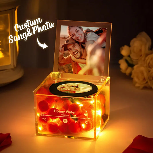 Mini Personalised Music Box custom photo record player with soft warm light on desk acrylic keepsake