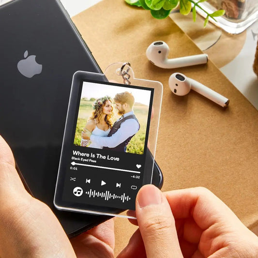 Personalised NFC Music Keyring — acrylic customisable keyring with couple photo and silver split ring, instant play on NFC-enabled smartphones; upload MP3 for a bespoke gift for couples.