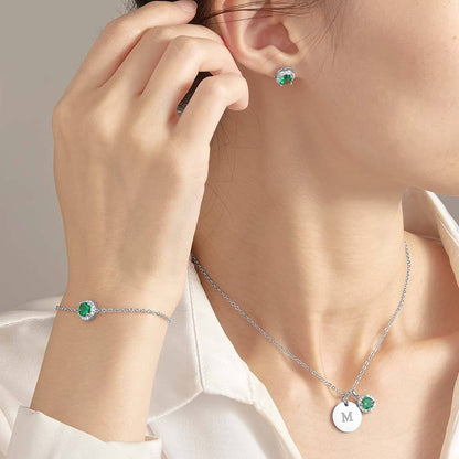 Model wearing personalised bridesmaid necklace and earrings — elegant wedding day styling for bridesmaid jewellery