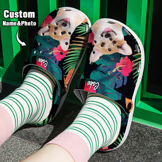 Personalised pet portrait clogs with name – pair of soft‑rubber clogs printed with a high‑definition custom pet face and personalised name, perfect funny custom pet face slippers for pet lovers