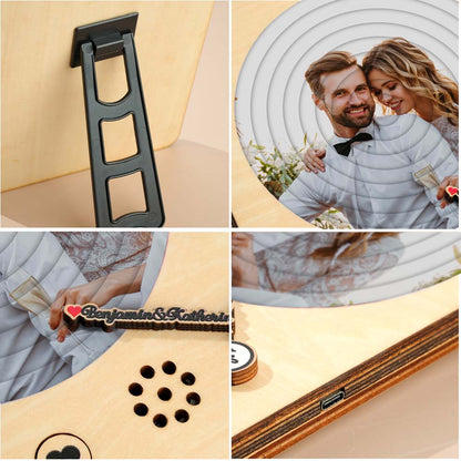 Lifestyle shot of personalised wooden record player as a romantic anniversary keepsake for couples