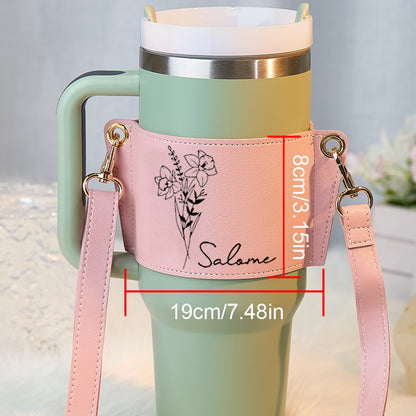 Gift-ready presentation of personalised birth flower tumbler carrier with custom text — ideal present for wife, mum or friend