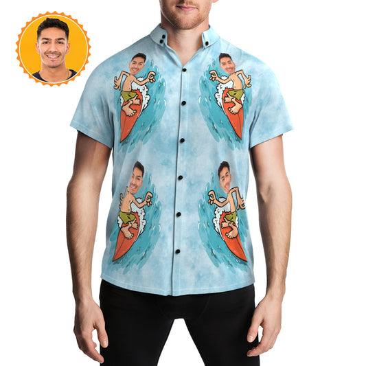 Front view of Custom Face Hawaiian Shirt personalised with a photo — men's summer party shirt in vivid surf-inspired print, 97% polyester 3% spandex
