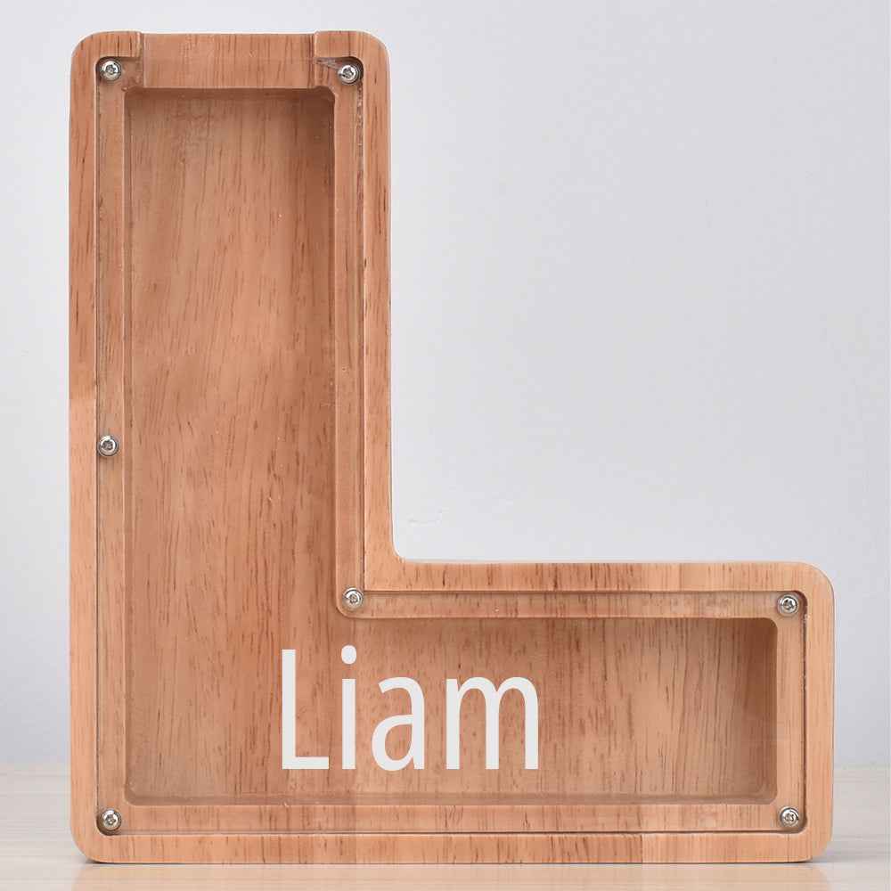 Custom Engraved Name Oak Wooden Letter Piggy Bank