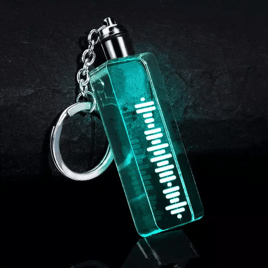 Anniversary personalised music code keychain — shiny acrylic rectangular keyring with scannable music code and custom song engraving, ideal anniversary gift