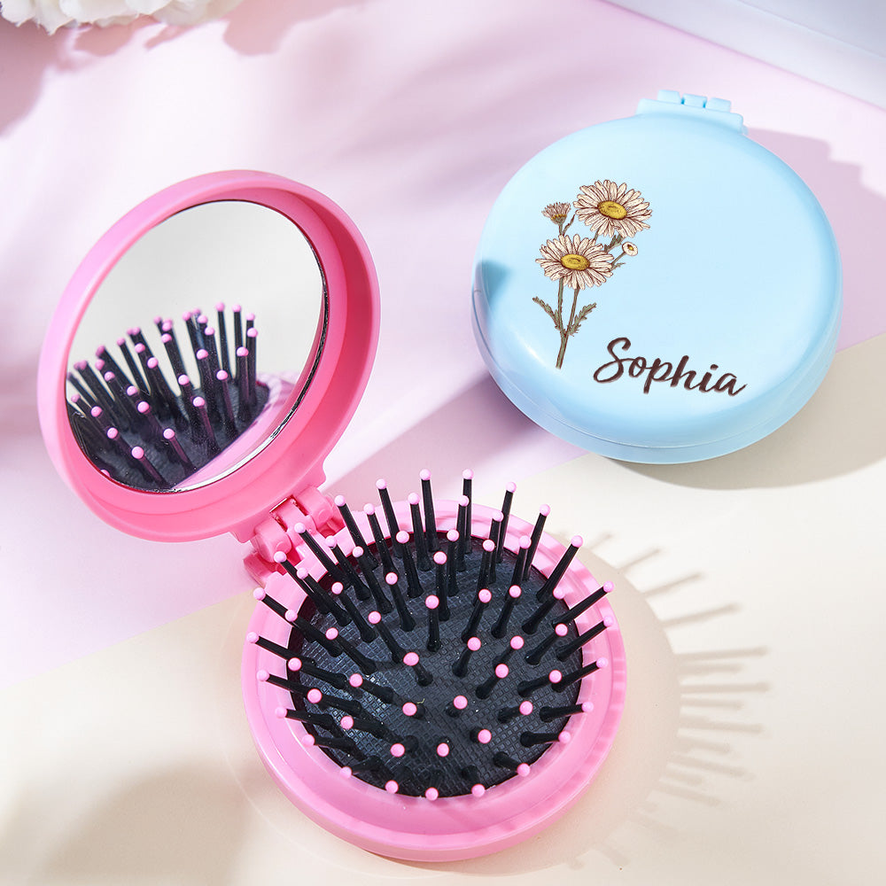 Personalised Birth Flower Cushion Mirror Comb with Hair Brush | Custom Name Gift