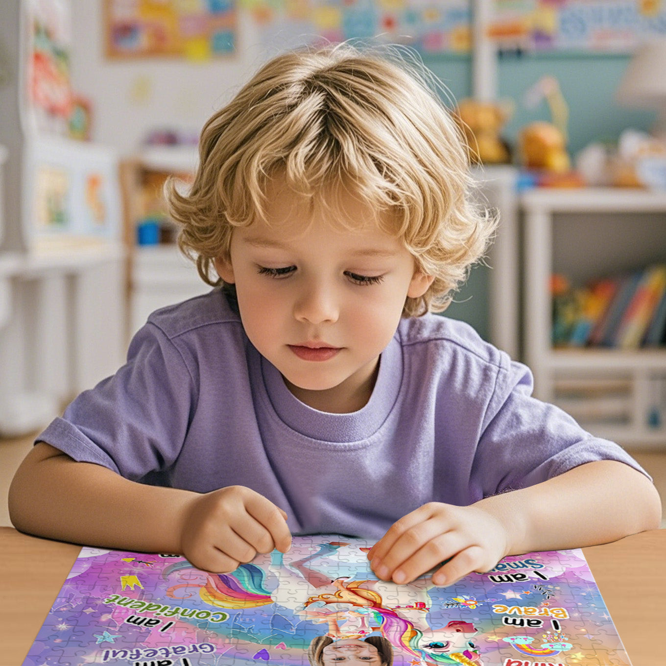 Close-up of personalised unicorn princess jigsaw showing paper pieces and high-resolution printed photo — custom jigsaw gift for children