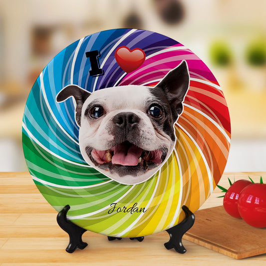 Personalised dog face ceramic dinner plate with colourful custom photo portrait and optional name — 20.6 cm (8.1 in) personalised pet dinnerware keepsake