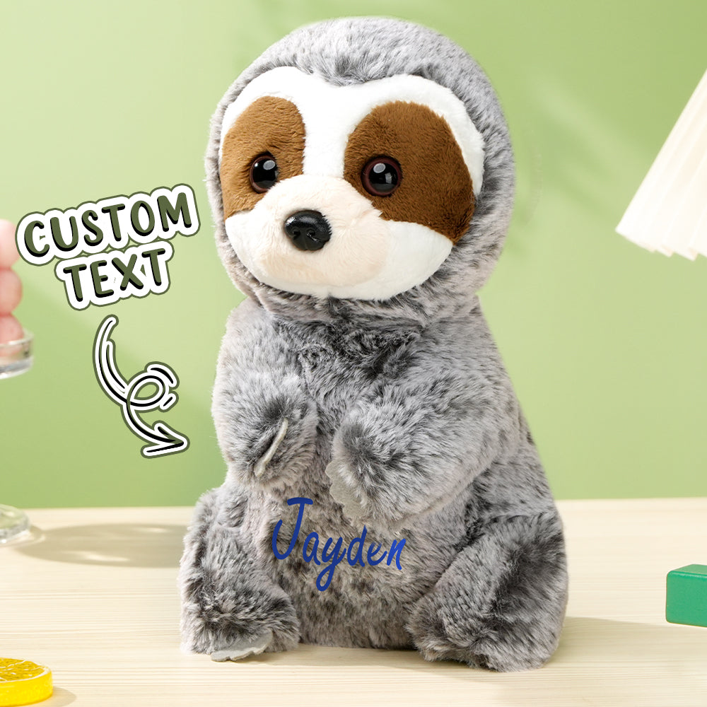 Front view of personalised sloth soft toy showing embroidered name ideal personalised baby keepsake 5.5 in × 9.84 in
