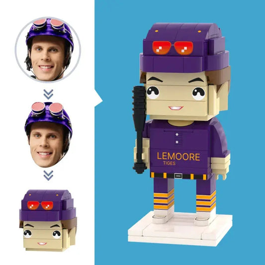 Personalised baseball player brick figure — front view of small building block mini-figure with a custom head, perfect personalised gift for sports fans, dads and teachers