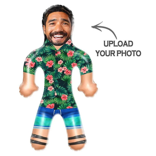 Close-up of the personalised inflatable doll showcasing the customised photo on the shirt and the tropical Hawaiian print.