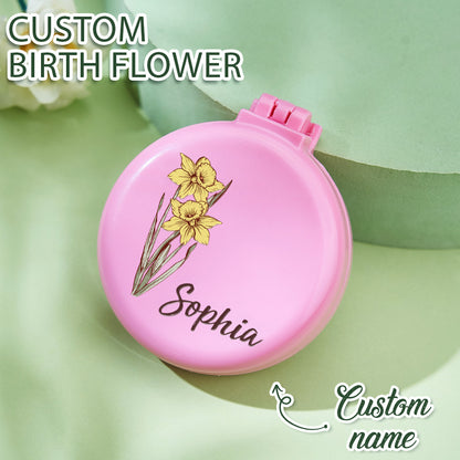 Personalised Birth Flower Cushion Mirror Comb with Hair Brush | Custom Name Gift