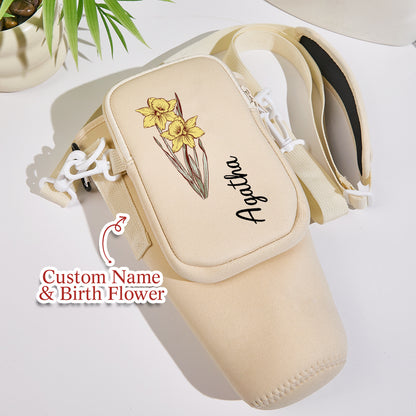 Close‑up of personalised birth flower print on neoprene bottle carrier showcasing custom floral detail, ideal personalised gift for women