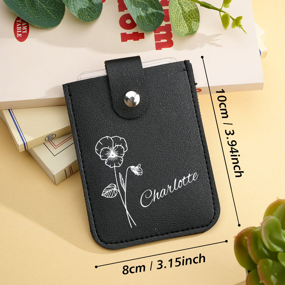 PU leather texture and stitching detail on personalised birth flower mini card wallet, showing durable soft finish